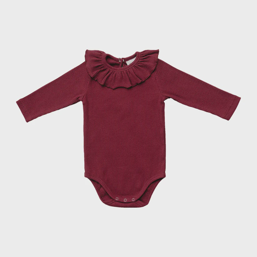 Burgundy Ribbed Ruffle Bodysuit