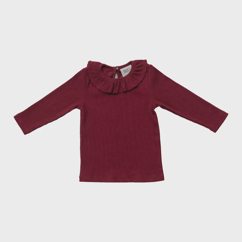 Burgundy Ribbed Ruffle Long Sleeve