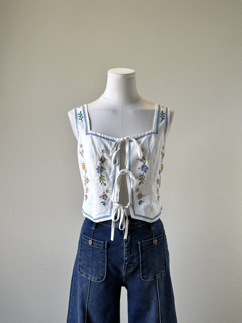 Blue Embroidered Tie Vest