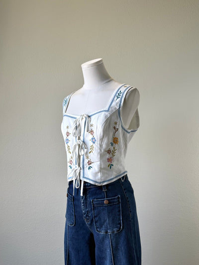 Blue Embroidered Tie Vest