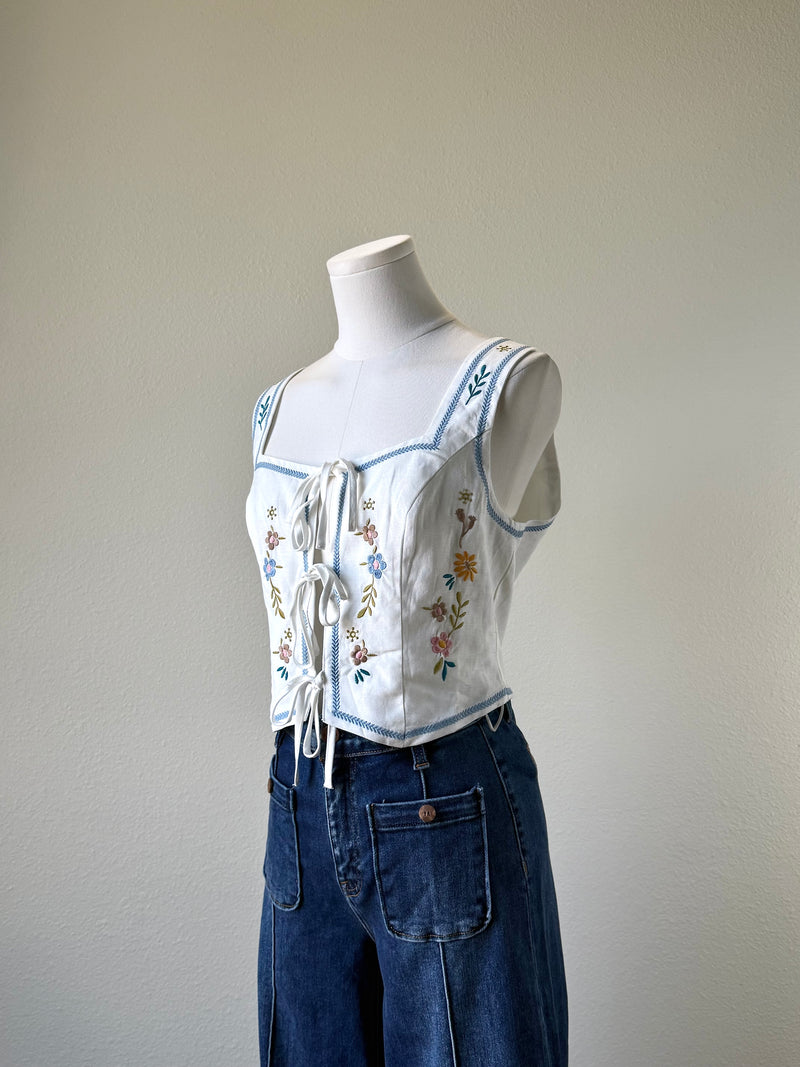 Blue Embroidered Tie Vest