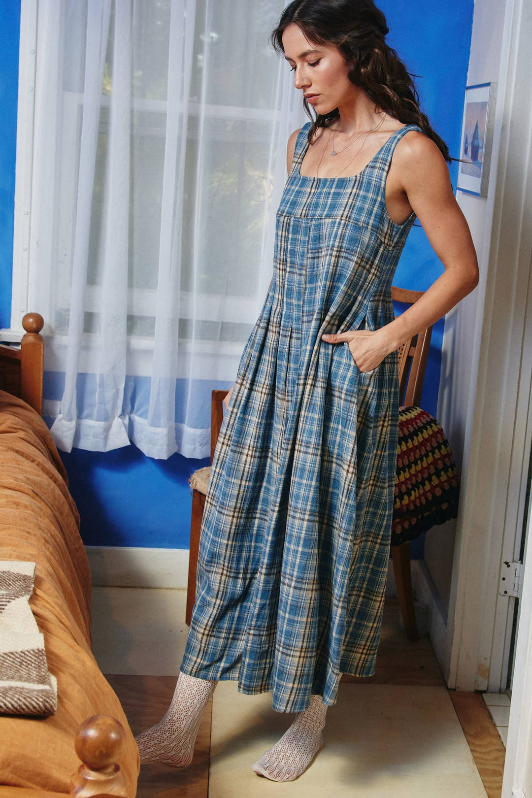 Navy Plaid Midi Dress